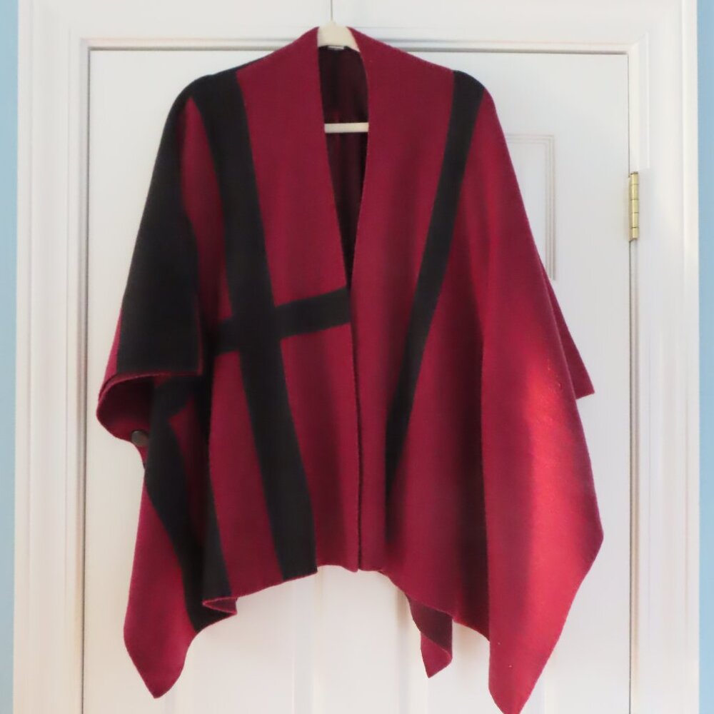 SIONI Red & Black Open Front Wool Cashmere Blend Cape Poncho Wrap Size S/M Fall